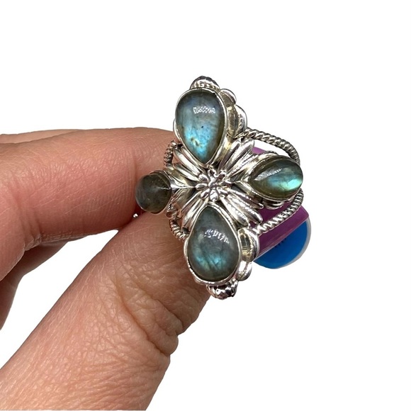 Blue Fire Flash Labradorite Ring Size 7.5 Solid Sterling Silver 925 Statement - Picture 10 of 12